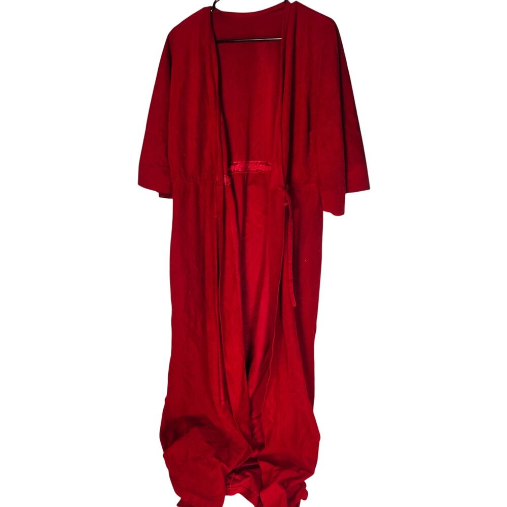 Vintage Crimson Red Corduroy Maxi Robe Duster Open Front Wrap Dressing Gown - Picture 2 of 2